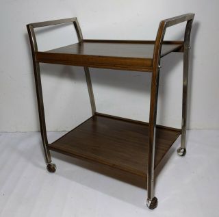 Vintage Mid Century Modern 2 - Tier Rolling Tea Bar Cart - Faux Wood Formica Metal