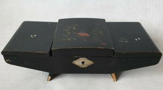 Vintage Japanese Black Lacquered Musical Jewellery Box With Mother Of Pearl 1960
