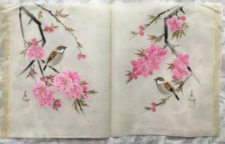 Pair Japan Japanese Hand Painting On Silk Cherry Blossoms & Birds Signed Okada