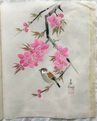 PAIR JAPAN JAPANESE HAND PAINTING ON SILK CHERRY BLOSSOMS & BIRDS SIGNED OKADA 2