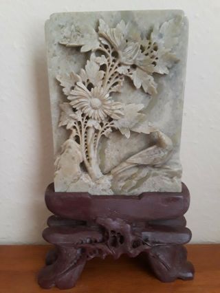 Antique Hand Carved Soapstone Chinese Bird,  Flower With Stone Stand Sculpture