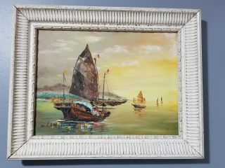 Vintage Oil Painting Chinese Junk Boat Harbor Signed L.  Lam 16 " X 20 "