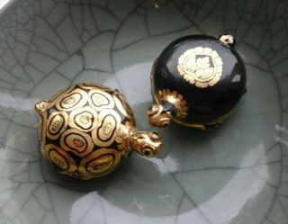 Vintage Pair Burmese /thai Lacquer Turtle Trinket Boxes Hand Painted Gilt Gold