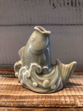 Vintage Chinese Celadon Green Pottery Figural Carp Fish & Wave Bud Vase 3.  5”