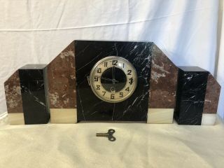Vintage Art Deco Nouveau Marble & Onyx Mantle Clock W Matching Bookends
