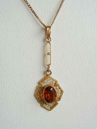 Antique Art Deco Lavalier 10k Gold Filigree Citrine Pendant 15 " Chain Necklace