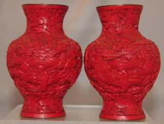 Antique Chinese Red Cinnabar Lacquer Vases - 19th C.
