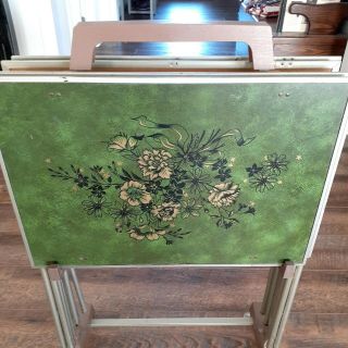 Vintage Set Of 4 Metal Tv Snack Trays With 4 Wheels Stand Mcm Green Gold Floral