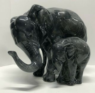 Vintage Large Elephant Mother And Baby Figurine Glossy Porcelain Ceramic