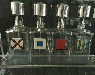 Vintage Set Of 4 Glass Nautical Flags Liquor Dispensers W/ Lucid Container