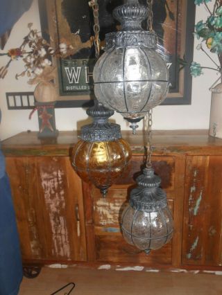 Vintage Mid Century Modern Mcm 3 Tier Glass Hanging Lamp Swag Lamp