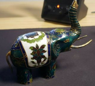 Vintage Chinese Elephant Figurine Rare - Brass Cloisonne Enamel Green Blue White