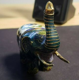 Vintage Chinese Elephant Figurine Rare - Brass Cloisonne Enamel Green Blue White 3