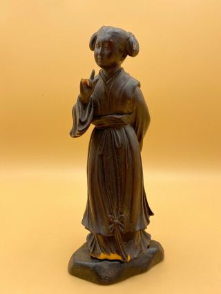 Antique Chinese Girl Wooden Carving Sculpture On Wooden Stand.
