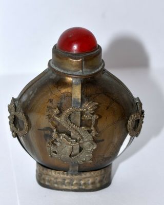 Vintage Antique Chinese Inside Painted Snuff Bottle Stamped Metal Dragon Holder