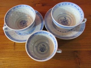 Vtg 6 Chinese Blue&white Porcelain Rice Pattern Teapot/teacups/saucers With Mark