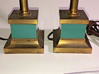 Vintage Set Of 2 Brass Table Lamps W Green Pottery Square Base,