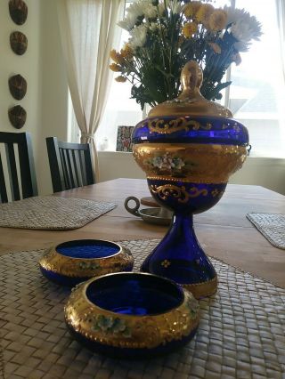 Vintage Cobalt Blue Art Glass W Gold Accent Large Jar & 2 Small Bowls Handblown