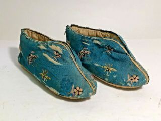 Antique Small Blue Silk Chinese Embroidered Flowers & Butterflies Shoes Slippers 2