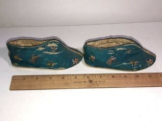 Antique Small Blue Silk Chinese Embroidered Flowers & Butterflies Shoes Slippers 3