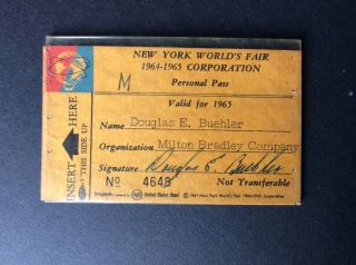 York Worlds Fair Corporation 1964 - 1965 Personal Pass Valid For 1965