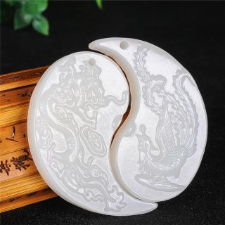 A lover ' s Chinese white jade hand - carved dragon and phoenix pendant bvc 2