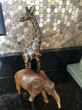 2 Old Vintage Hand Carved Wooden Giraffe Elephant Tribal Art African Safari
