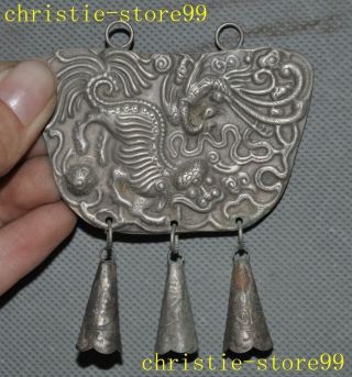 Old Chinese Tibet Silver Carving Dragon Kirin Kylin Chi - Lin Beast Amulet Pendant