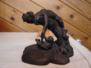 1984 National Wildlife " Puma And Cub " By Chapel Cold Cast Bronze Statue