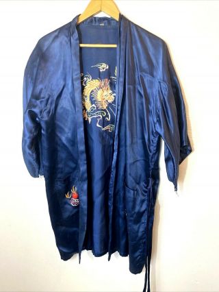 70s Vtg Chinese Blue Silk Blend ? Robe Kimono Embroidered Gold Dragon Sz L M2