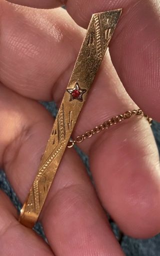 Vintage 18k Yellow Italian Gold With Ruby Stone Tie Clip With Chain