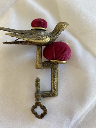 Vintage Victorian Brass Sewing Bird C - Clamp With 2 Pin Cushions.