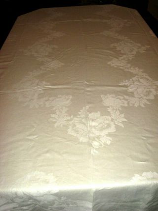 Vtg Lt Yellow Banquet Hemstitched Floral Irish Linen Damask Tablecloth W/10 Nap