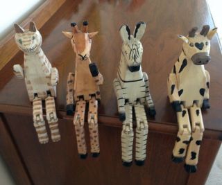 Jointed Wooden Shelf Sitters.  Folk Art.  Zebra,  Tiger,  Giraffe,  Cow
