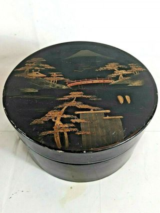 Vintage Oriental Lacquer Ware Round Box Hand Painted