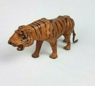 Vintage - Leather Wrapped Paper Mache Tiger With Glass Eyes - 16 " Long