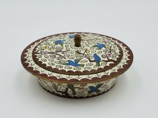 Antique Vintage Chinese Cloisonne Round Covered Pot Bowl Bird With Lid