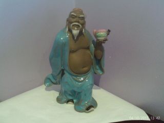 Fabulous Vintage Chinese Pottery Mudman Buddha Figure Holding Peach 19 Cms Tall