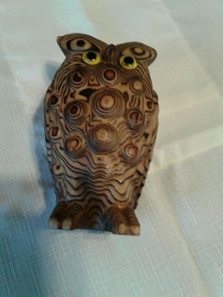 Vintage Mid Century Owl Hand Carved Cryptomeria Wood Signed Japan On Back