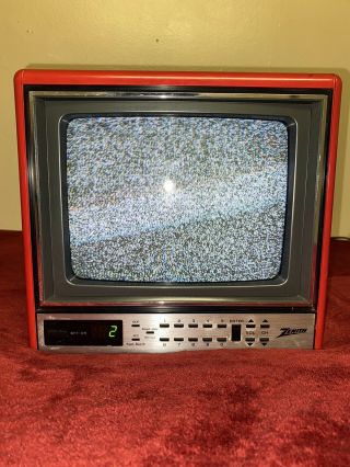 Vintage Zenith 9” Screen Color Tv Red Small Portable.  Includes Uhf•vhf•fm Cable.