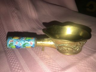 Antique Chinese Brass Enamel Handle Silk Iron With Dragons & Flowers