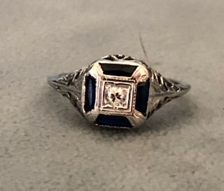 Vintage 18k White Gold Ring With Diamond Center And Synthetic Blue Sapphires
