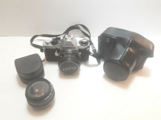 Vintage Pentax Me 35mm Film Slr Camera W/28 And 50 Mm Lenes Case Filter