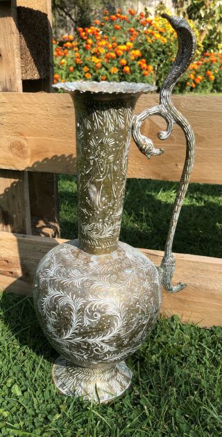 Antique Vintage Engraved Brass Urn Vase With Single Cobra Snake Handle