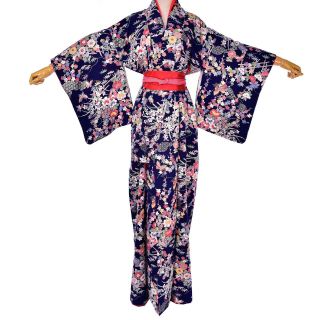 Japanese Vintage Blue Red Sakura Silk Kimono Harajuku Robe Handmade Silk Belt