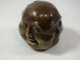 Vintage Four Face Buddha Head.  Bronze.  8cm Tall,  Patina To Each Face.