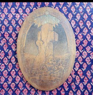 Vtg Antique Rock Of Ages Victorian Flemish Art Pyrography Oval Wood Tattoo