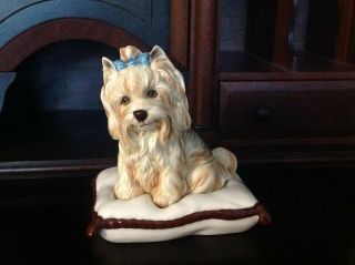 Yorkie Terrier Shitzhu Vintage Ceramic Dog On Pillow Figurine - Handpainted - Japan