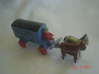 Neat Vtg.  Folk Art Carved Wood Small 2 Horse Drawn Wagon / Cart W/ Man Driving