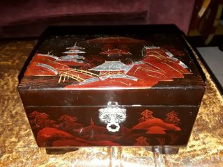Vintage Japanese Laquered And Mother Of Pearl Inlaid Musical / Jewellery Box
